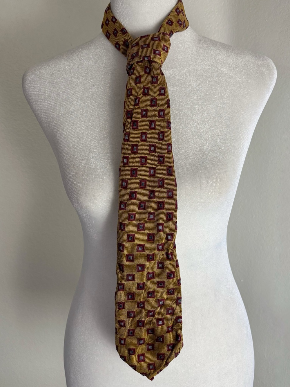 Dunhill 100% Silk Tie Made in Italy Gold Burgundy Geometric Luxury Necktie